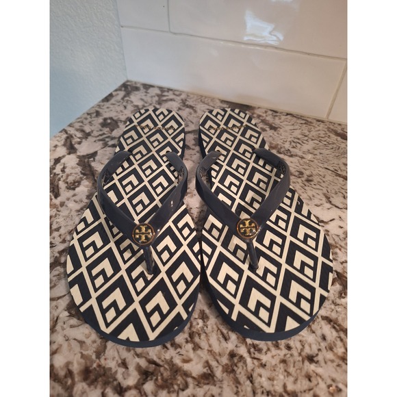 Tory Burch Shoes - TORY BURCH BLUE & WHITE GOLD LOGO FLIP FLOPS SIZE 8
